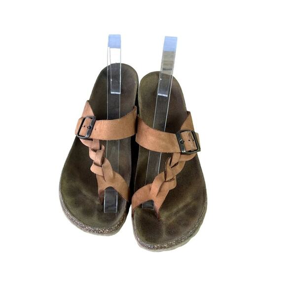 Mila Paoli Sandals Womens Sz 8.5 Slide Buckle Strap Wedge Toe Ring Brown Leather - Picture 1 of 13